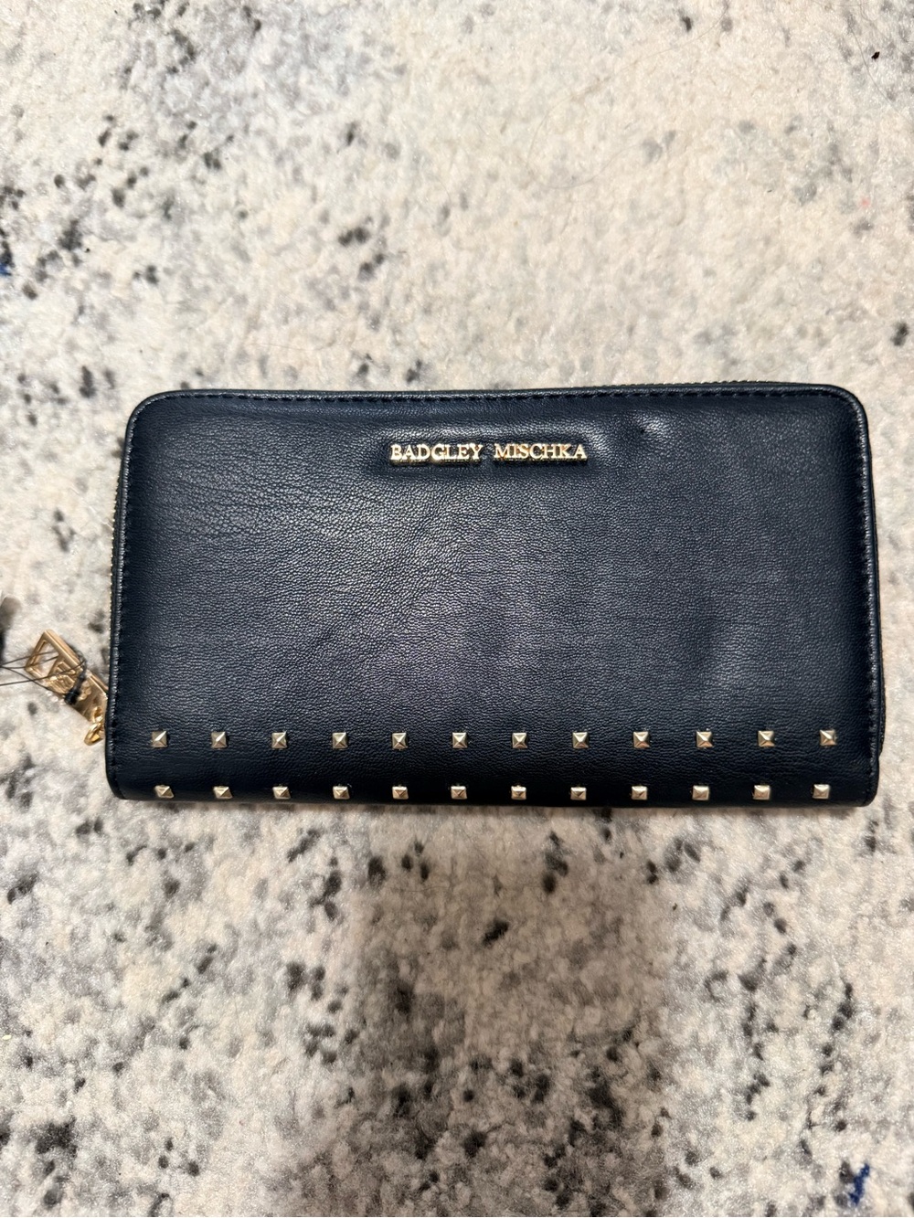 NWT Badgley Mischka Black Vegan Leather Zip Wallet with Gold Studs